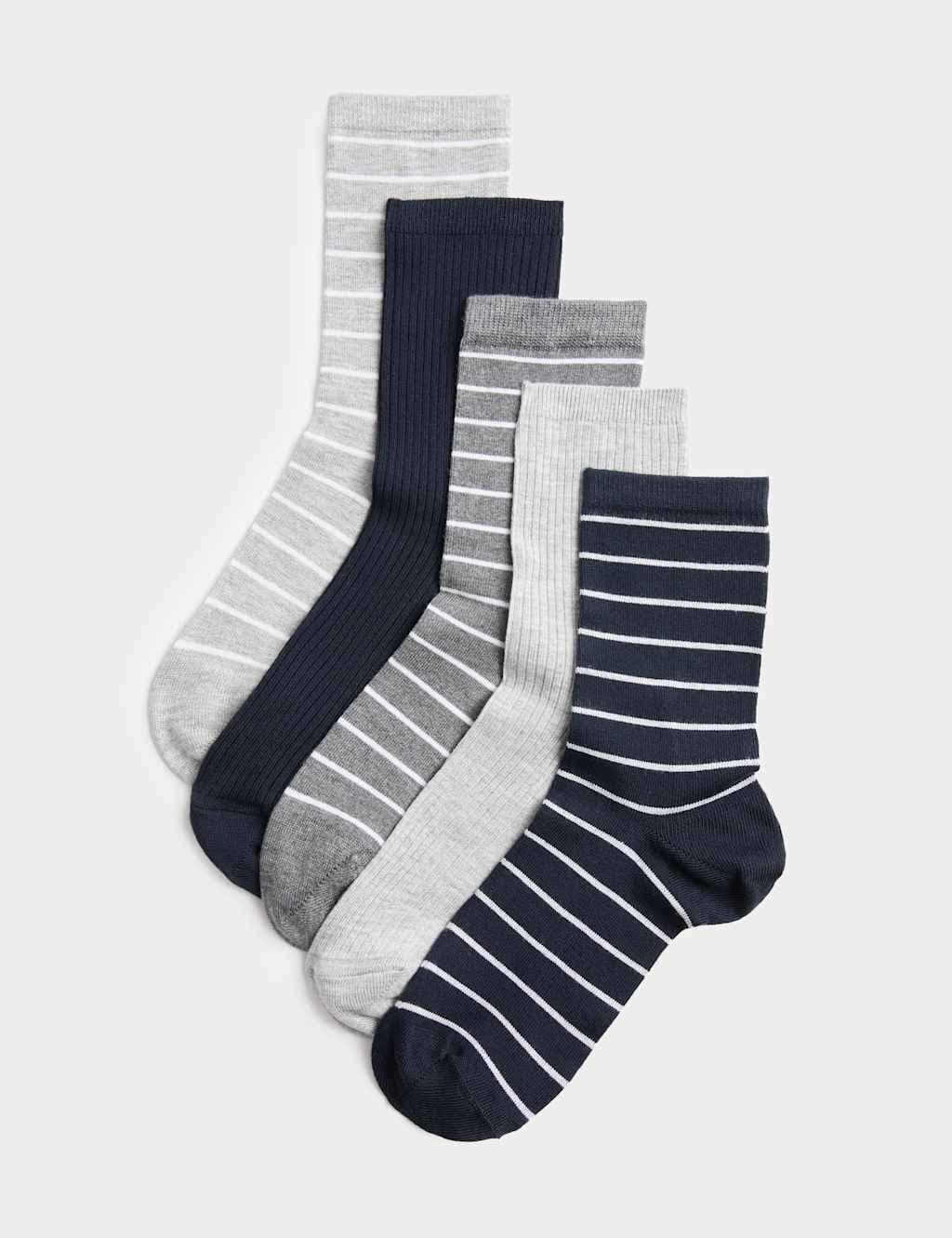 Marks & Spencer M&S 5 Pack Supersoft Striped Crew Socks Navy Mix