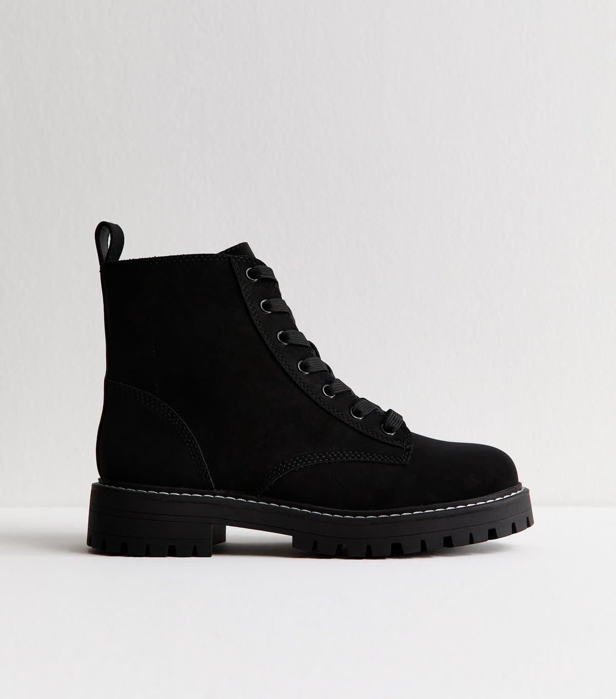 New Look Women's Wide Fit Black Faux Suede Chunky Lace Up Boots Vegan New Look