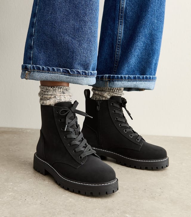 New Look Women's Wide Fit Black Faux Suede Chunky Lace Up Boots Vegan New Look - 2