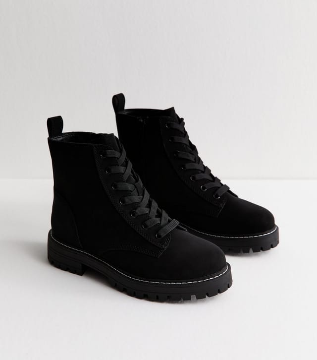 New Look Women's Wide Fit Black Faux Suede Chunky Lace Up Boots Vegan New Look - 3