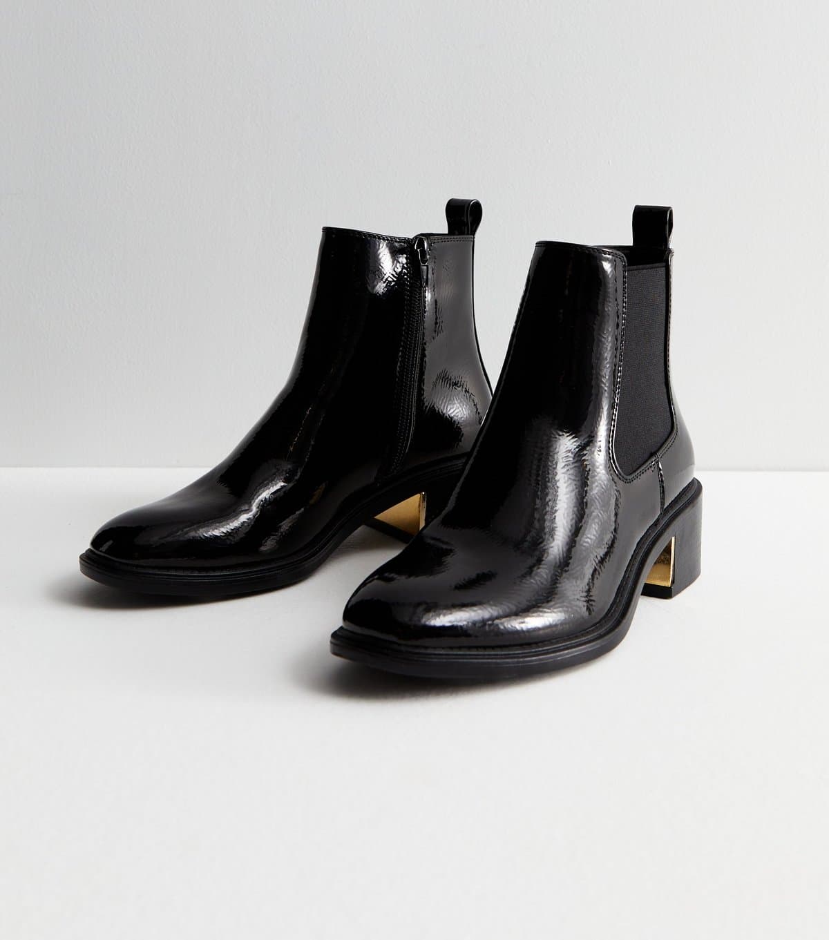 New Look Women's Black Patent Leather-Look Heeled Chelsea Boots New Look