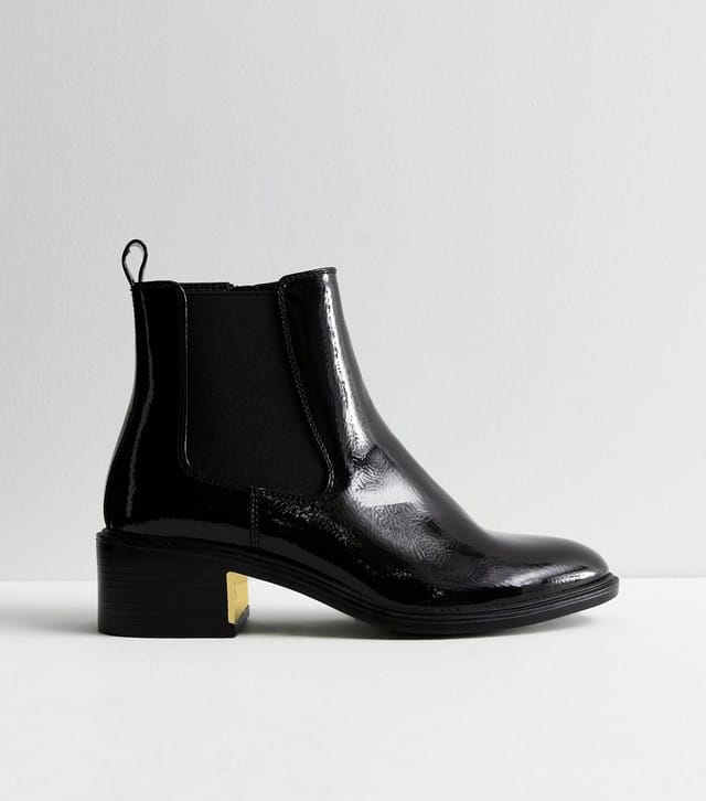 New Look Women's Black Patent Leather-Look Heeled Chelsea Boots New Look - 3