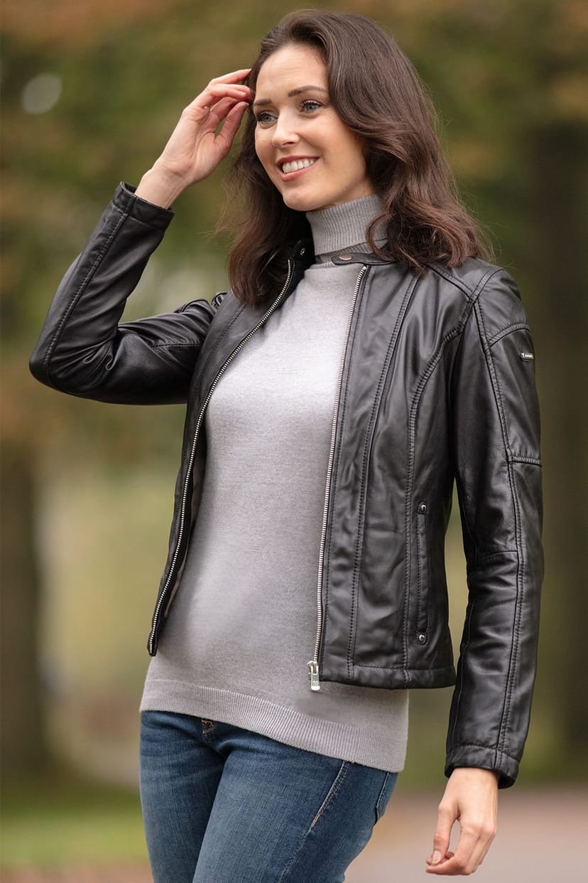 Monomoi Monomoi Women's 'Victoria' Real Leather Slim Fit Fashion Biker Jacket in Black - 1