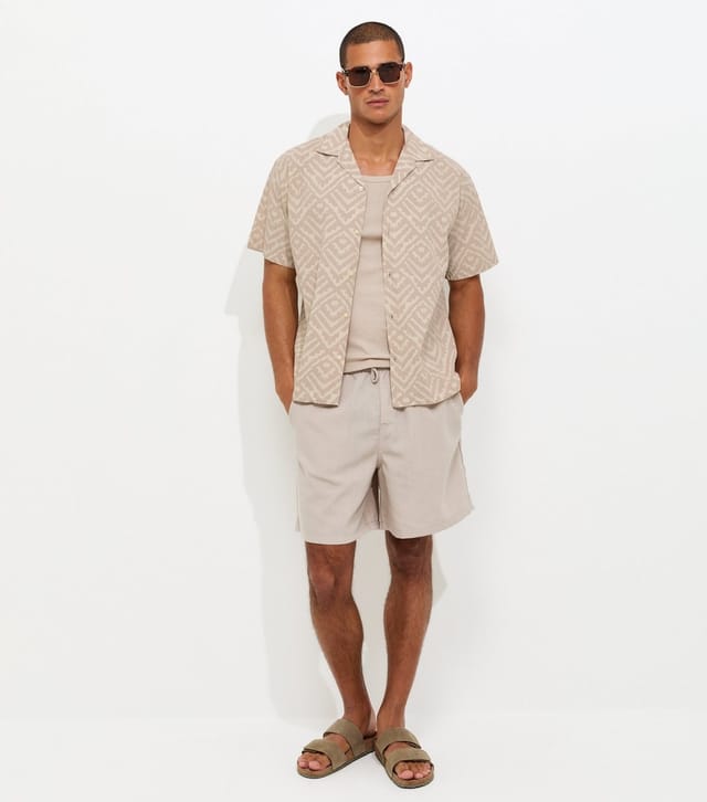 jack & jones Men's Stone Cotton Rich Seersucker Resort Short Sleeve Shirt Jack & Jones New Look - 3