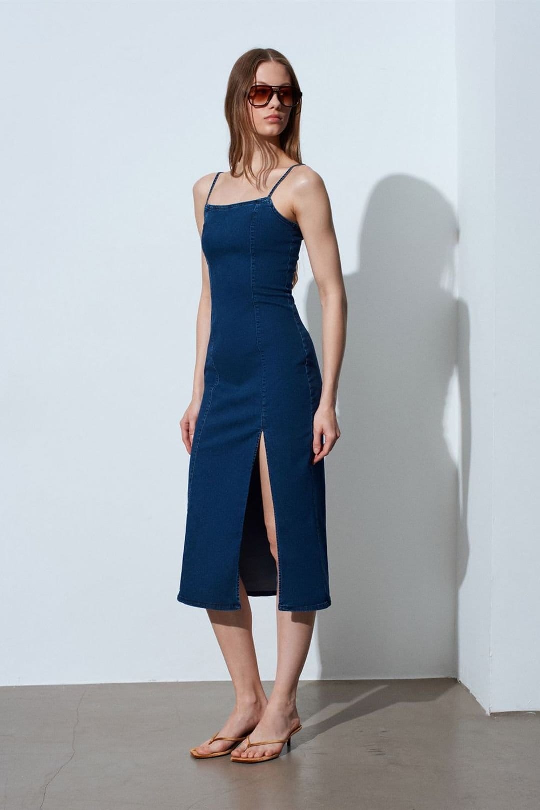 Dilvin Dark Indigo Cotton/Elastane Bodycon Midi Dress