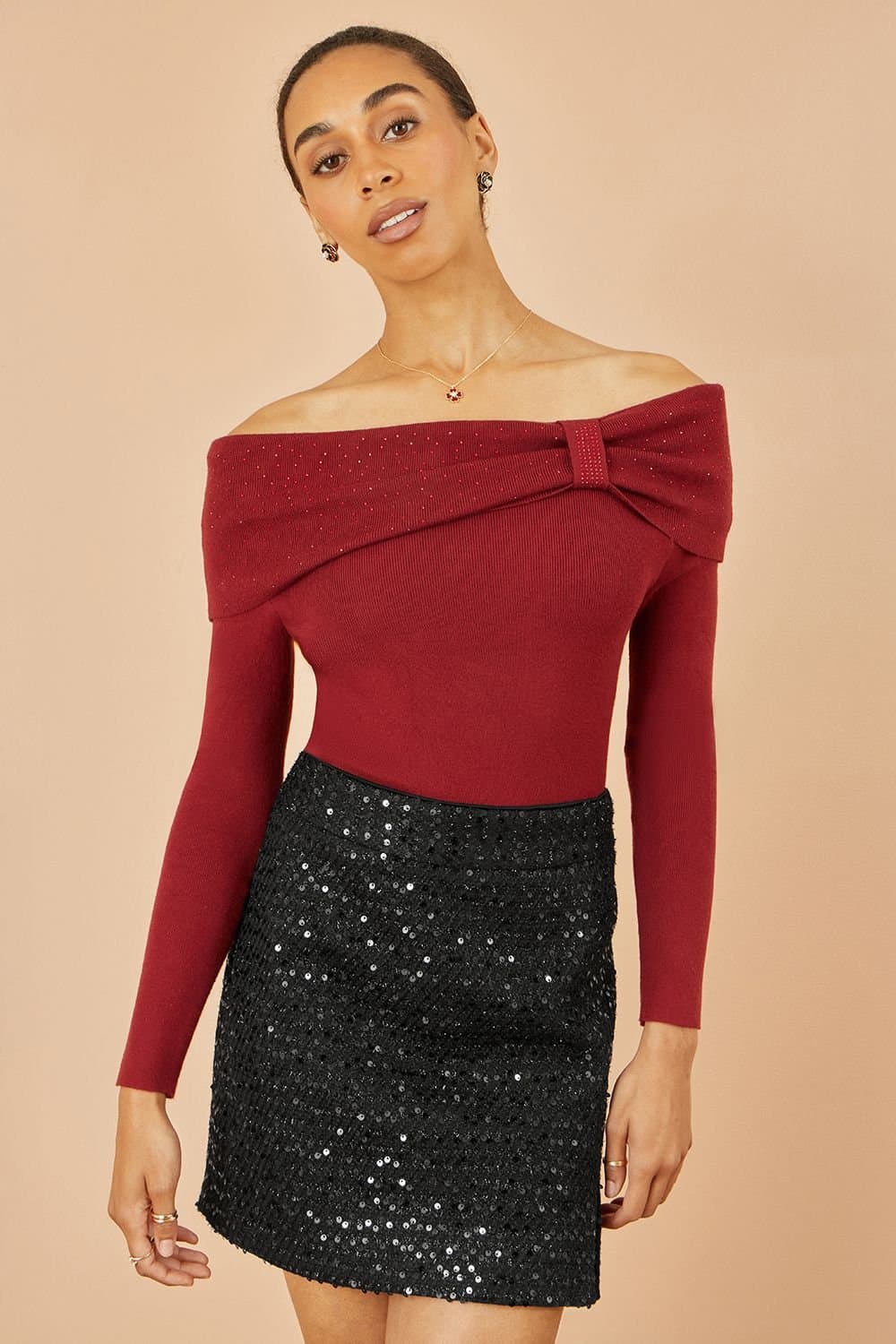 Yumi Yumi Women's Burgundy Sparkle Bardot Jumper With Diamante Detail