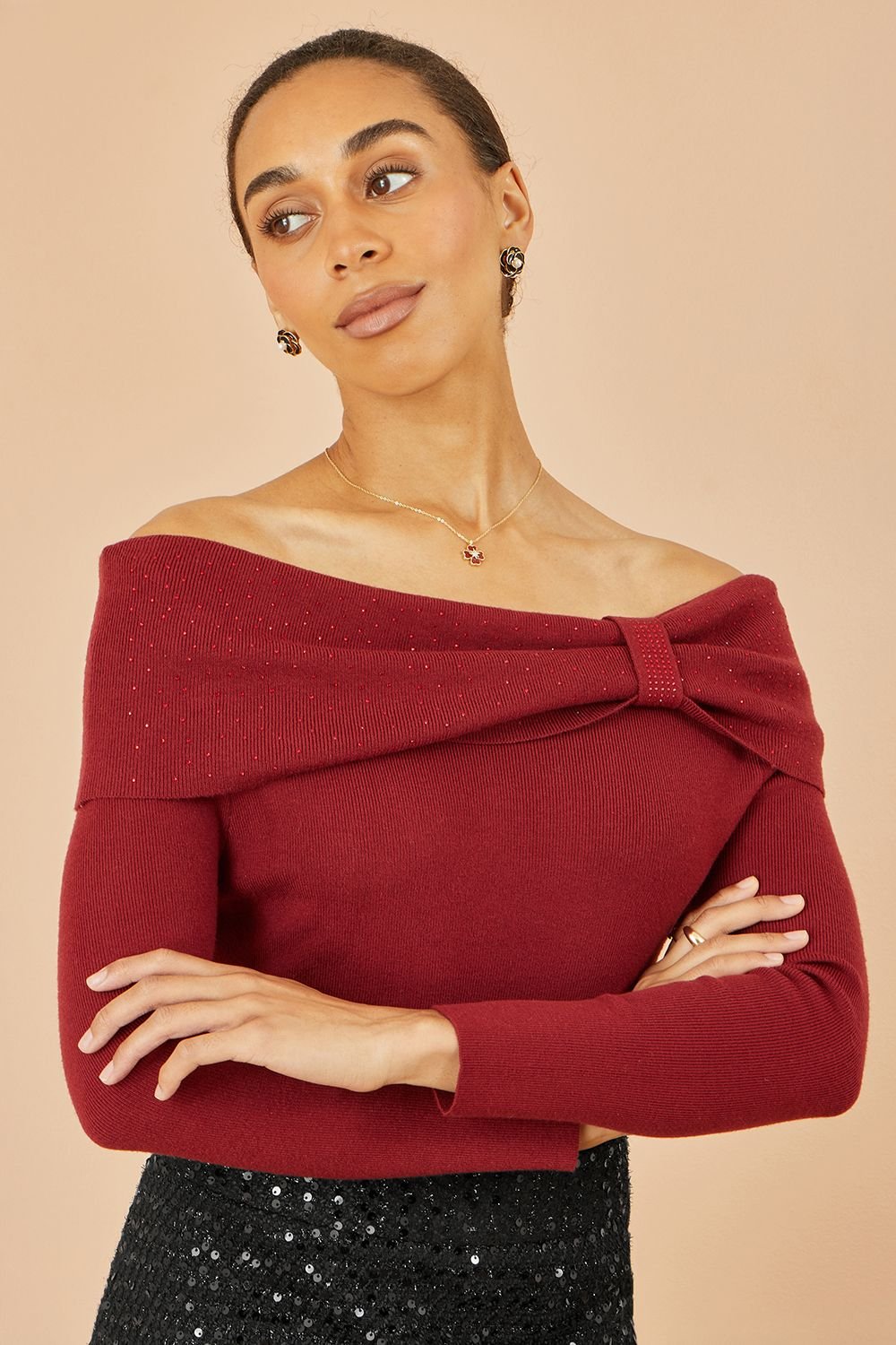 Yumi Yumi Women's Burgundy Sparkle Bardot Jumper With Diamante Detail - 3