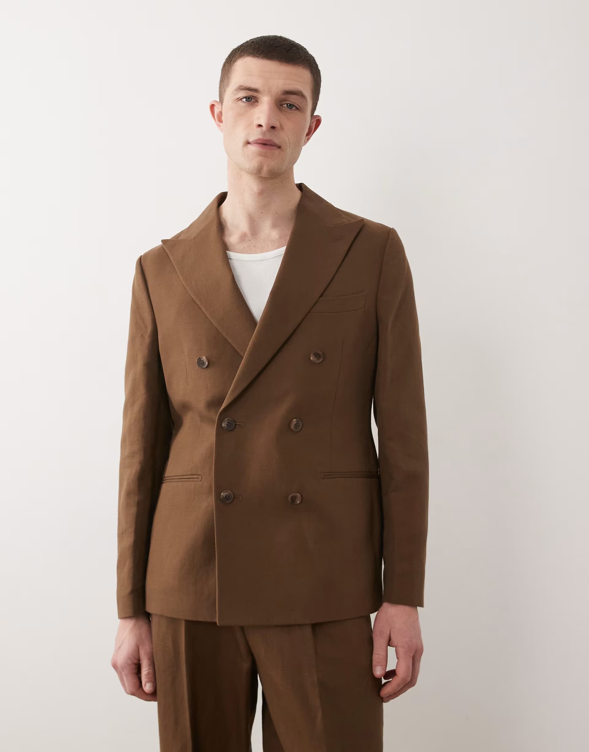 ASOS ASOS DESIGN slim linen rich double breasted suit jacket in dark brown