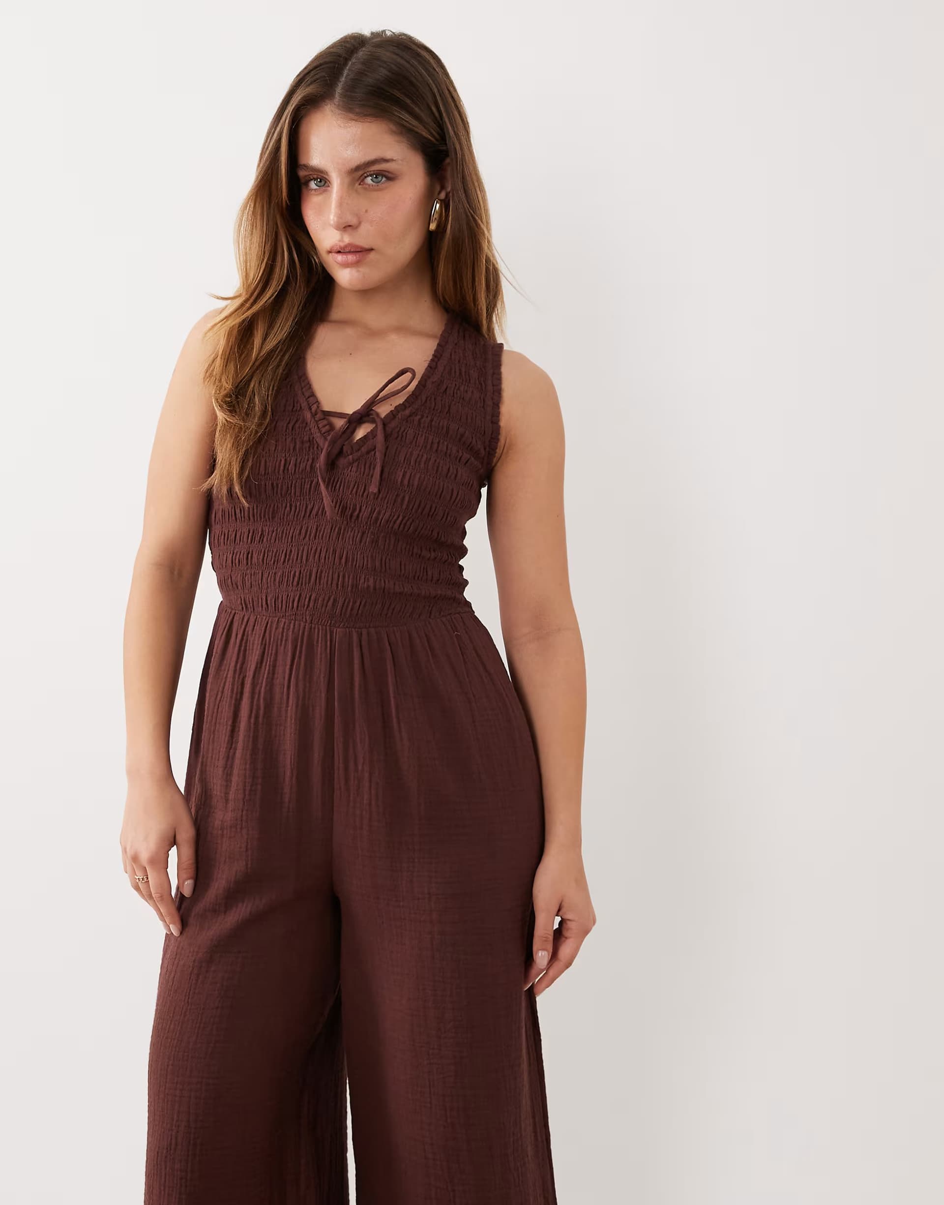 ASOS Nobody's Child Petite Jayda cotton rich shirred bodice v-neck sleeveless jumpsuit in brown