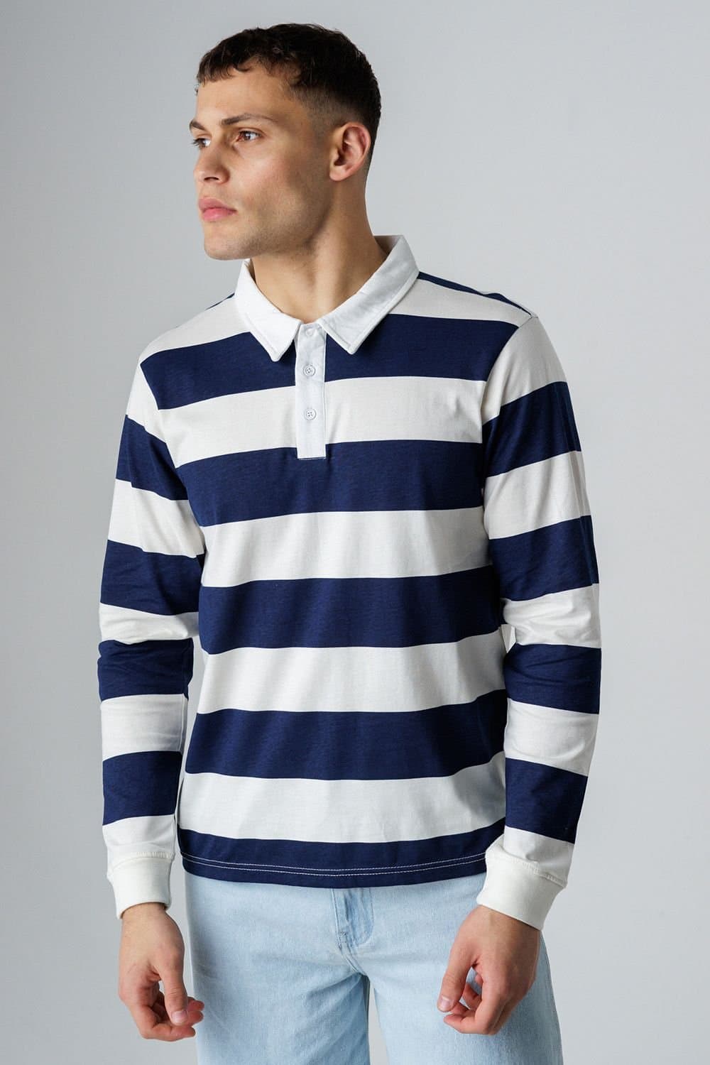 Influence Influence Men's Cotton Stripe Rugby-Style Long Sleeve Button Polo Shirt in Navy