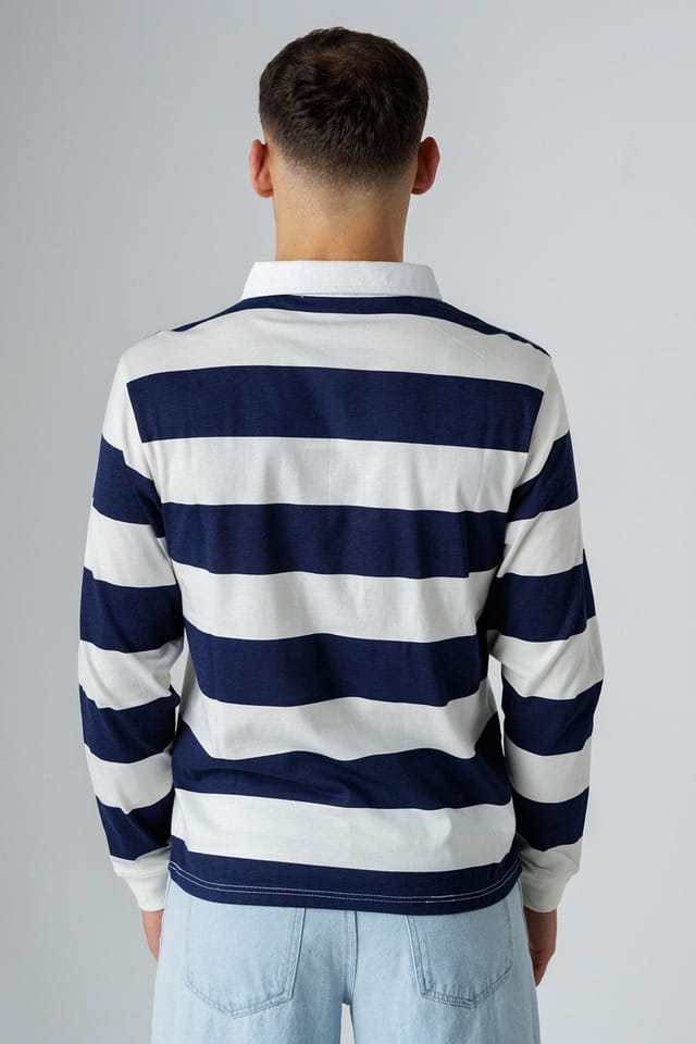 Influence Influence Men's Cotton Stripe Rugby-Style Long Sleeve Button Polo Shirt in Navy - 2