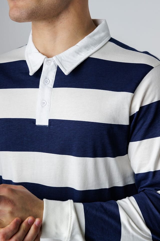 Influence Influence Men's Cotton Stripe Rugby-Style Long Sleeve Button Polo Shirt in Navy - 3
