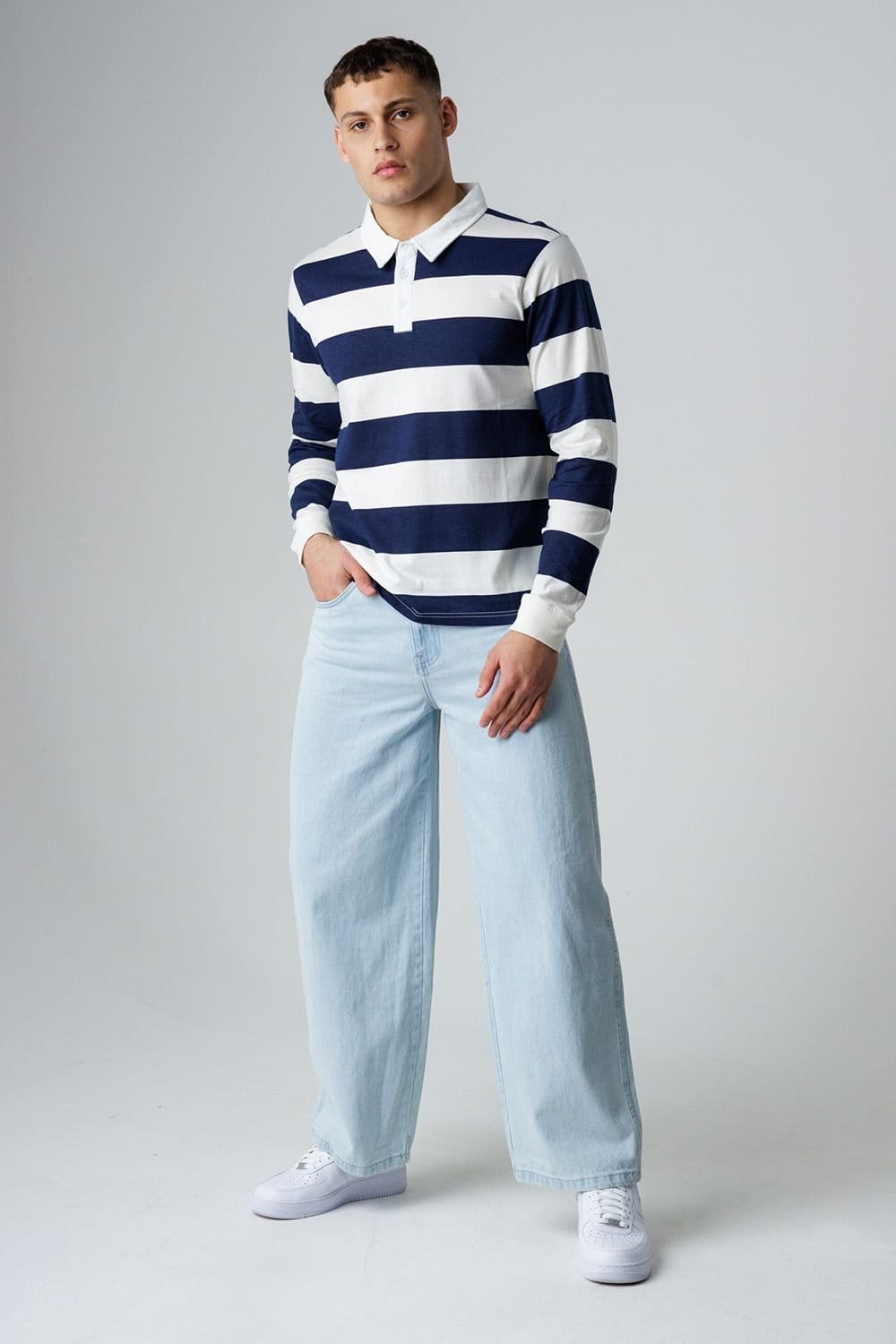 Influence Influence Men's Cotton Stripe Rugby-Style Long Sleeve Button Polo Shirt in Navy - 4