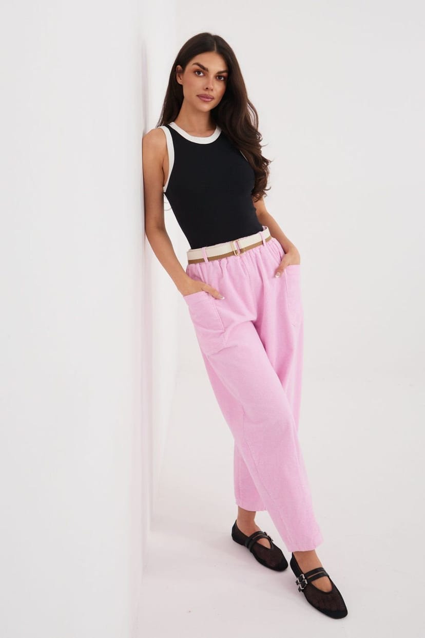 Love Lace Love Lace Women's High Waisted Carrot Cut Corduroy Trousers in Pink - 1