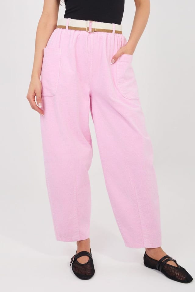 Love Lace Love Lace Women's High Waisted Carrot Cut Corduroy Trousers in Pink - 2