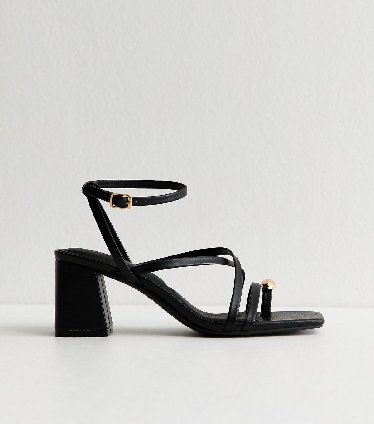 New Look Women's Black Faux Leather Metal Toe Loop Block Heel Sandals Vegan New Look - 2