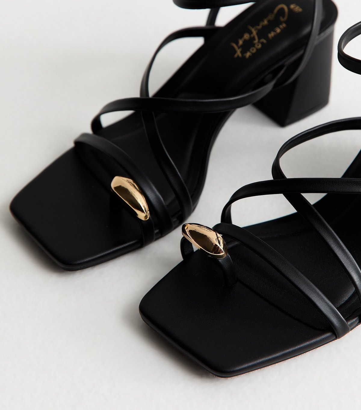 New Look Women's Black Faux Leather Metal Toe Loop Block Heel Sandals Vegan New Look - 3