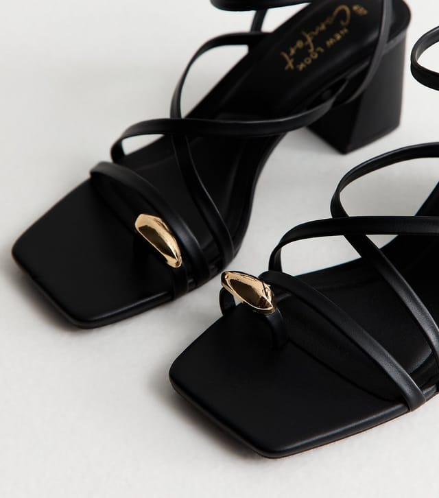 New Look Women's Black Faux Leather Metal Toe Loop Block Heel Sandals Vegan New Look - 3