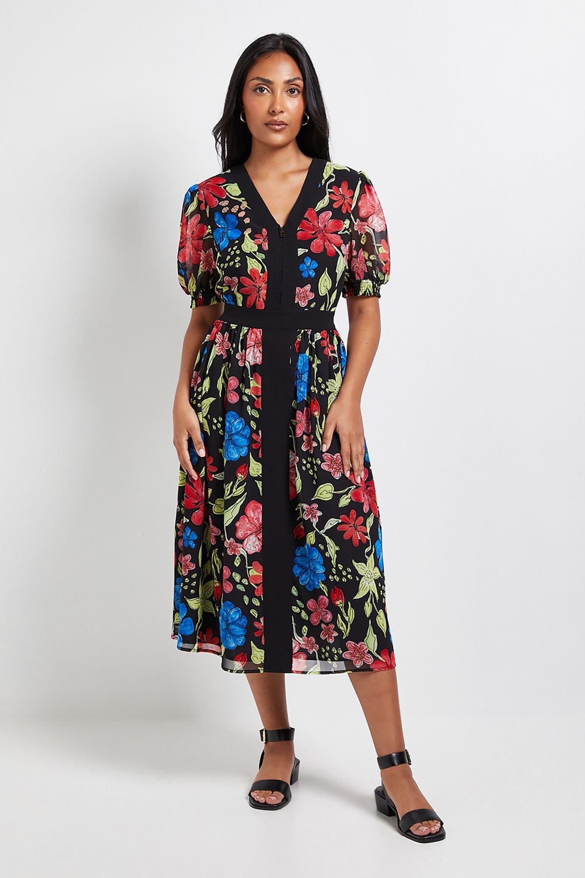 Wallis Wallis Women's Petite Floral Zip Puff Sleeve Midi Dress in Black