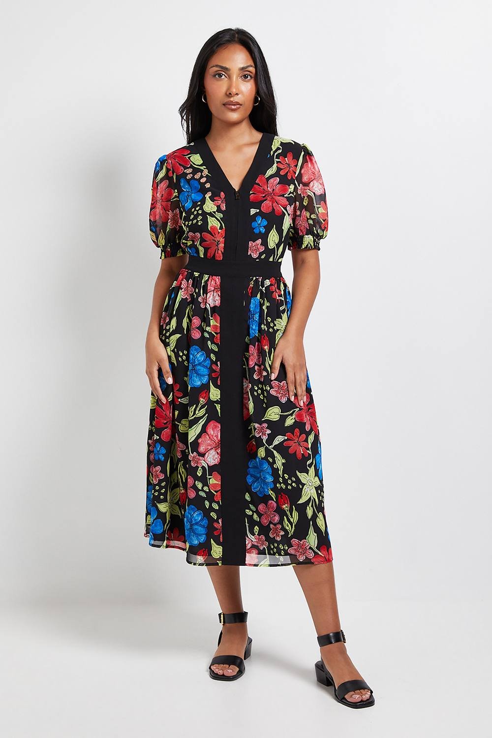Wallis Wallis Women's Petite Floral Zip Puff Sleeve Midi Dress in Black - 2