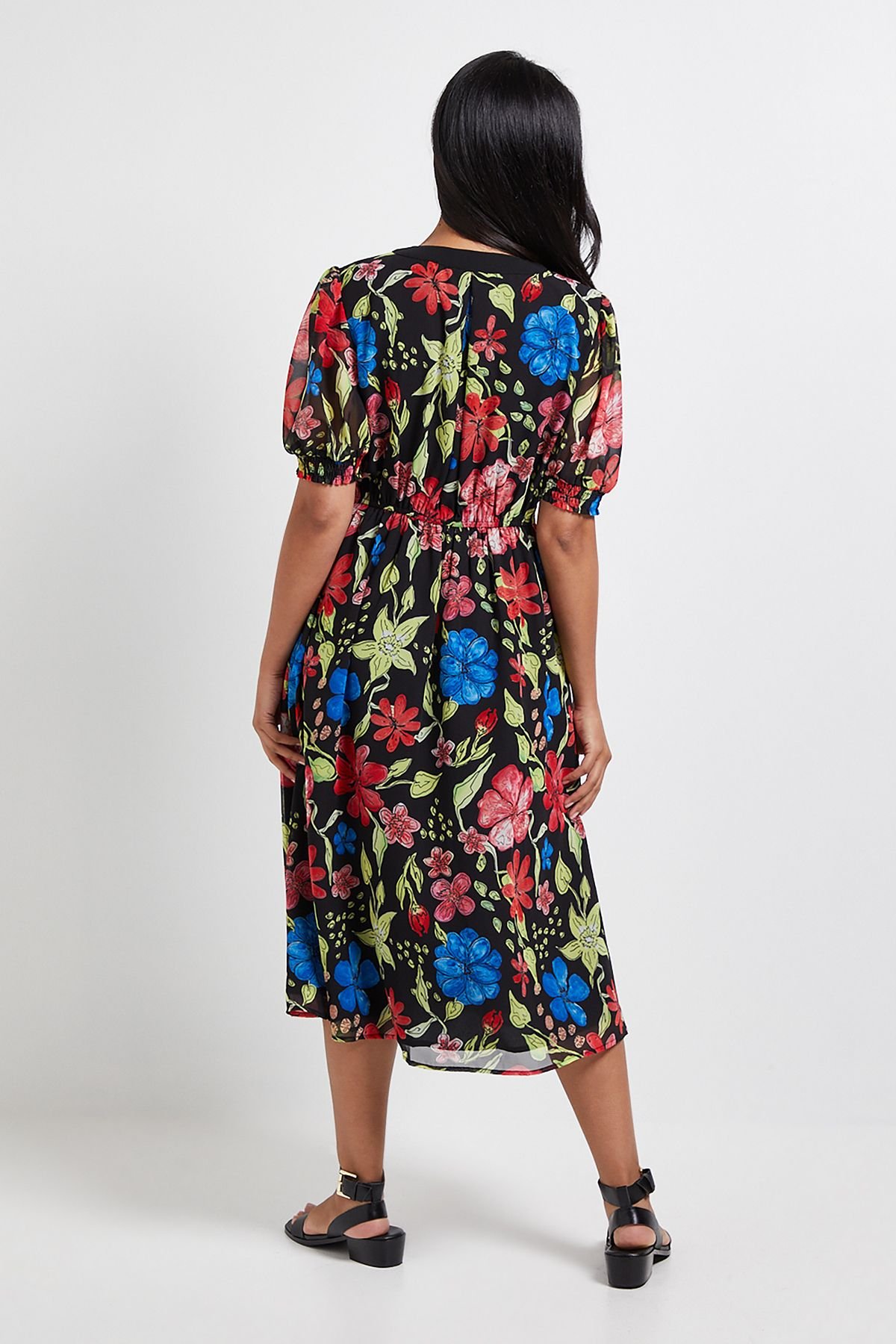 Wallis Wallis Women's Petite Floral Zip Puff Sleeve Midi Dress in Black - 3