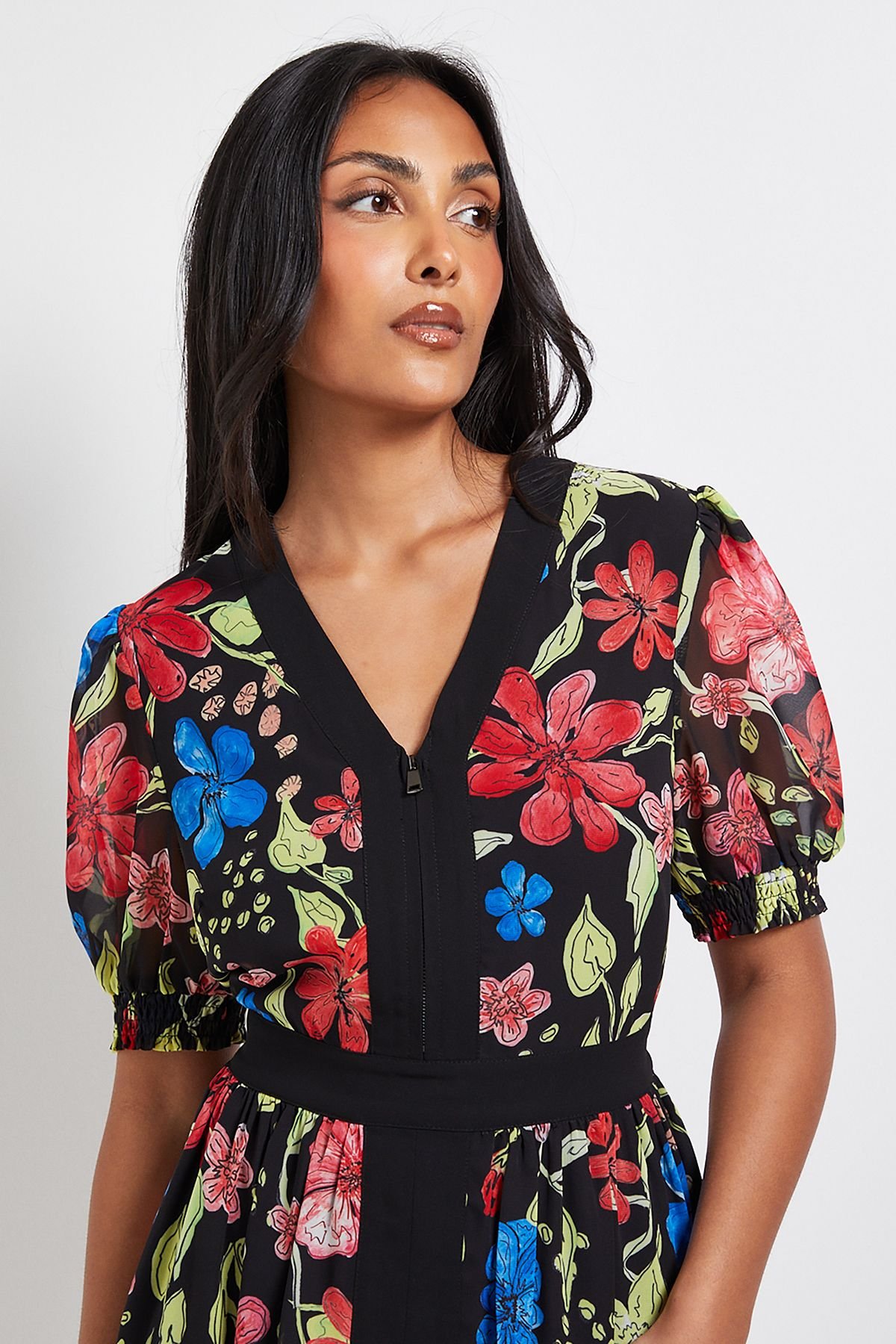 Wallis Wallis Women's Petite Floral Zip Puff Sleeve Midi Dress in Black - 4