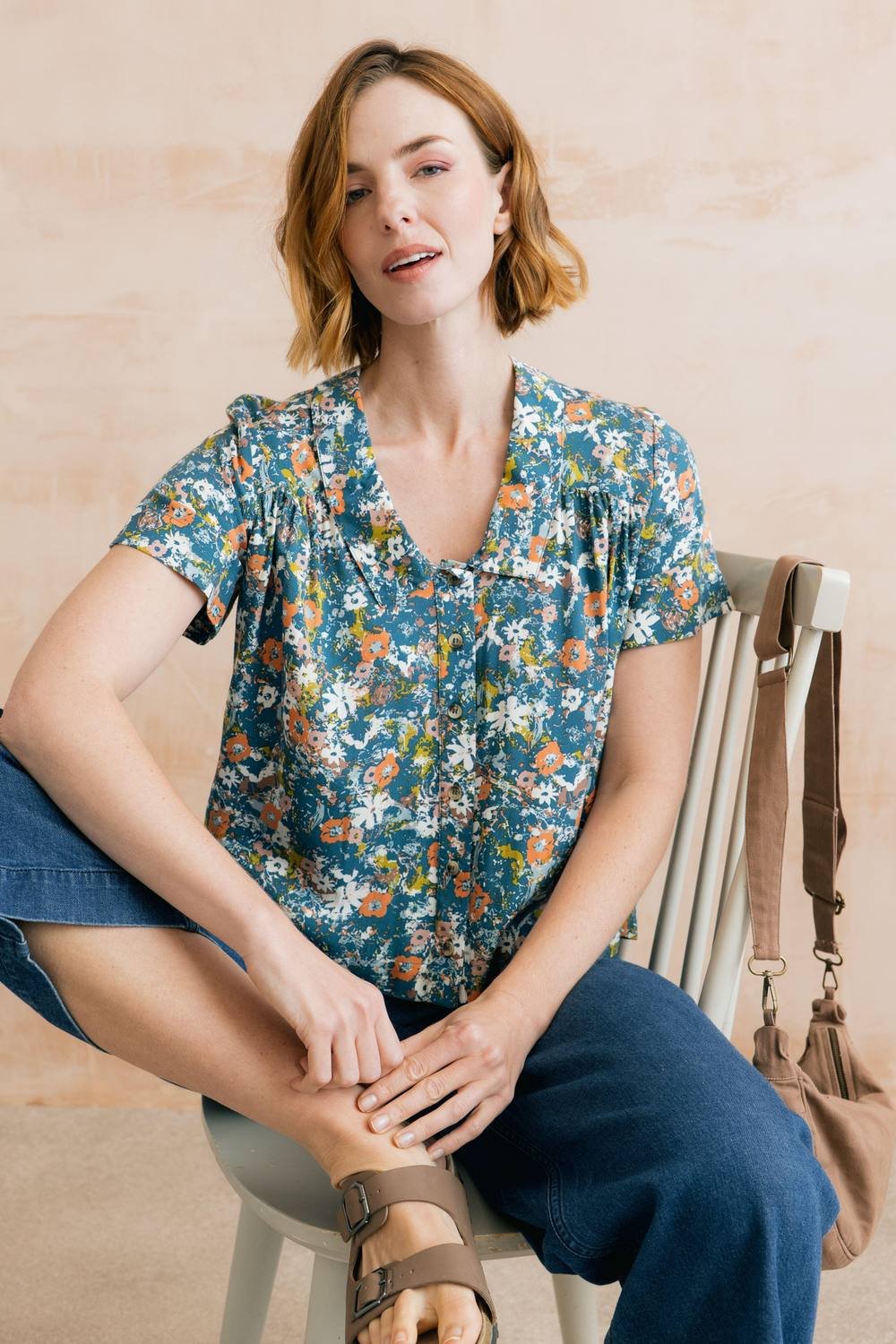 Lily & Me Lily & Me Women's Lowlands Ditsy Print Blouse in Blue - 2