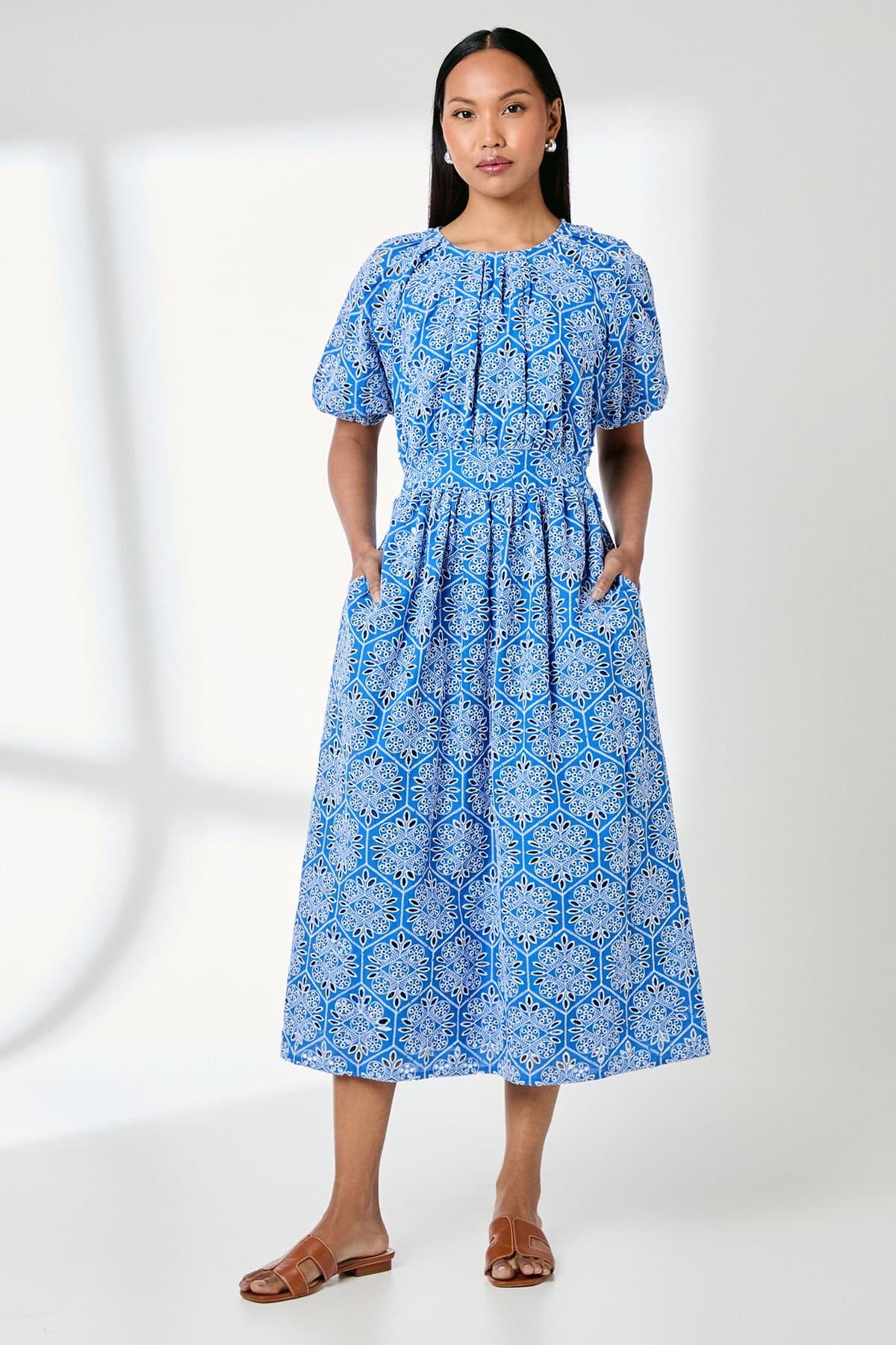 Principles Principles Women's Blue Puff Sleeve Waistband Detail Broderie Midi Dress