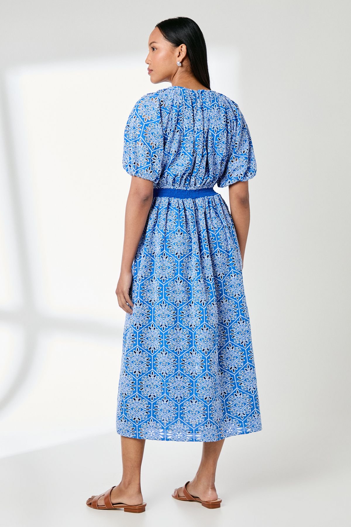 Principles Principles Women's Blue Puff Sleeve Waistband Detail Broderie Midi Dress - 3