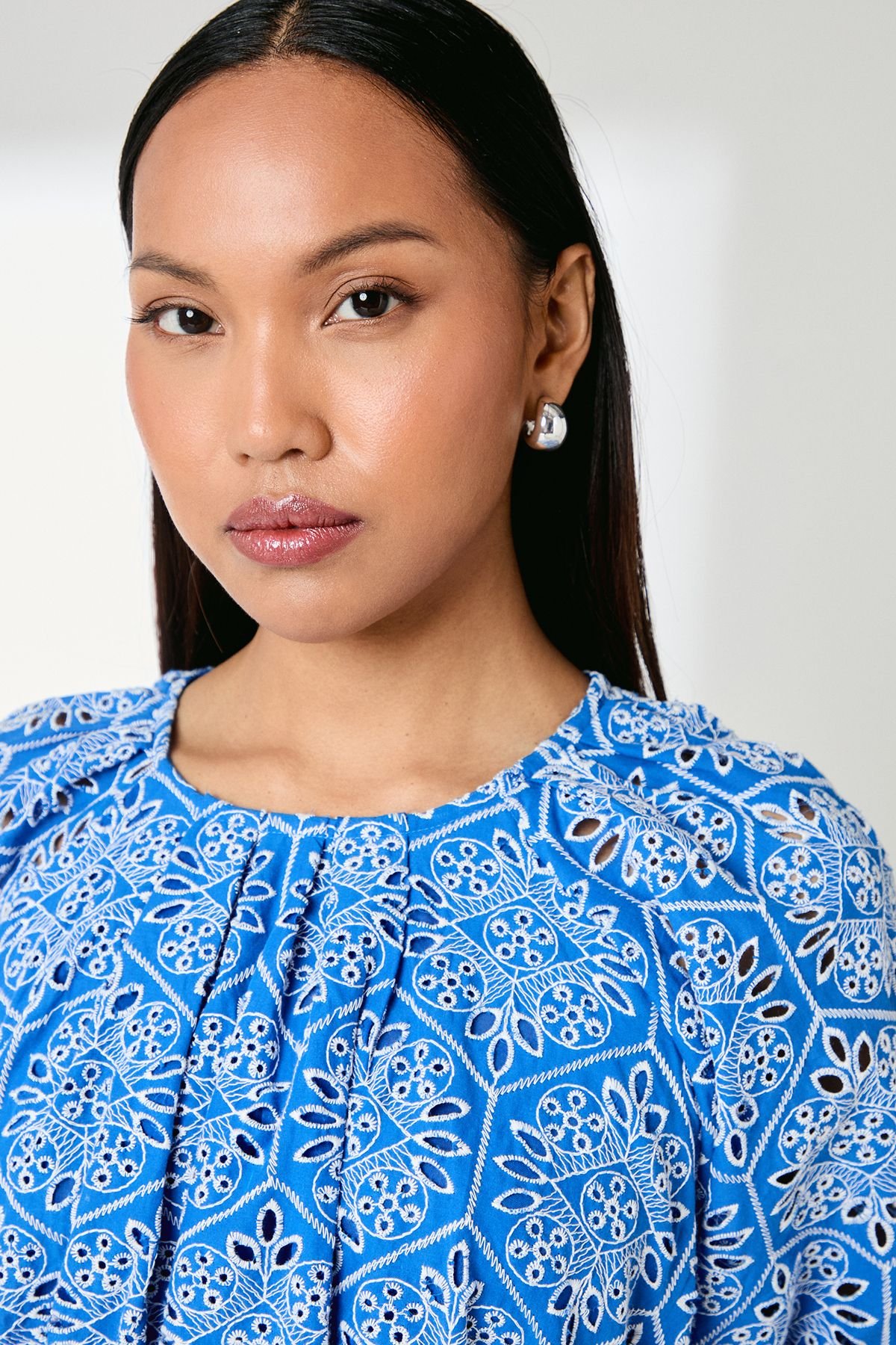 Principles Principles Women's Blue Puff Sleeve Waistband Detail Broderie Midi Dress - 4