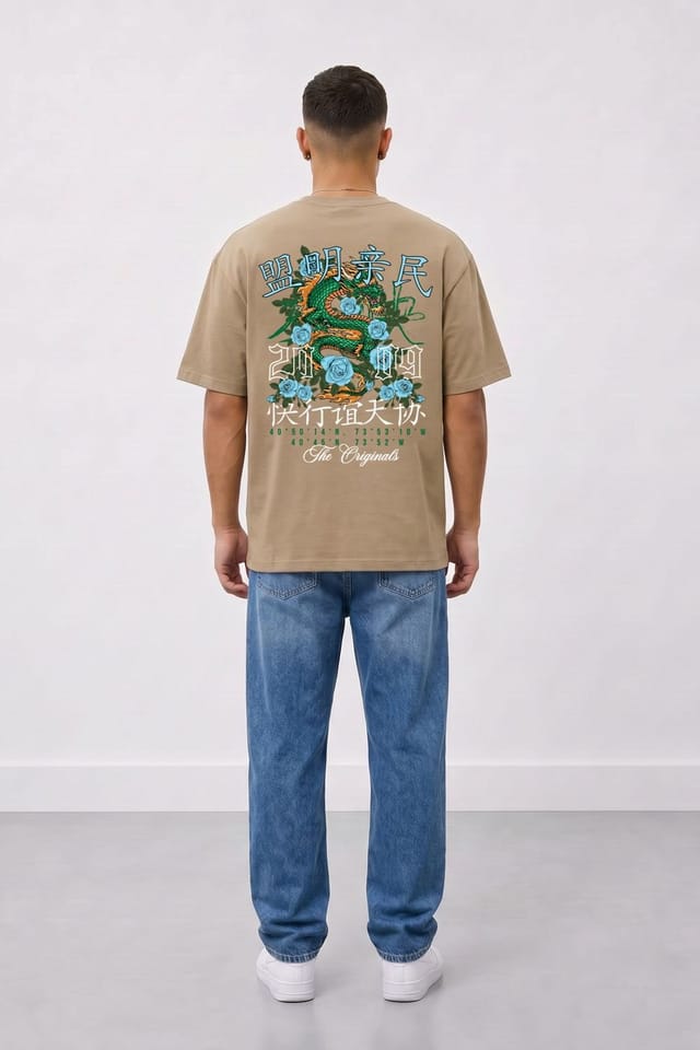 LONDON ATTITUDE LONDON ATTITUDE Men's Original Creators Dragon Graphic Heavyweight Oversized T-Shirt in Light Sand - 3
