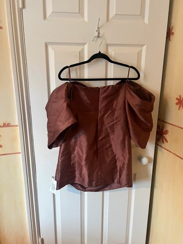 ASOS Brand new asos luxe brown satin off the shoulder dress with ruffle gathered skirt