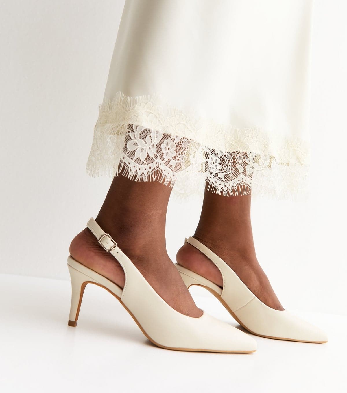 New Look Women's Off White Faux Leather Slingback Stiletto Court Shoes Vegan New Look