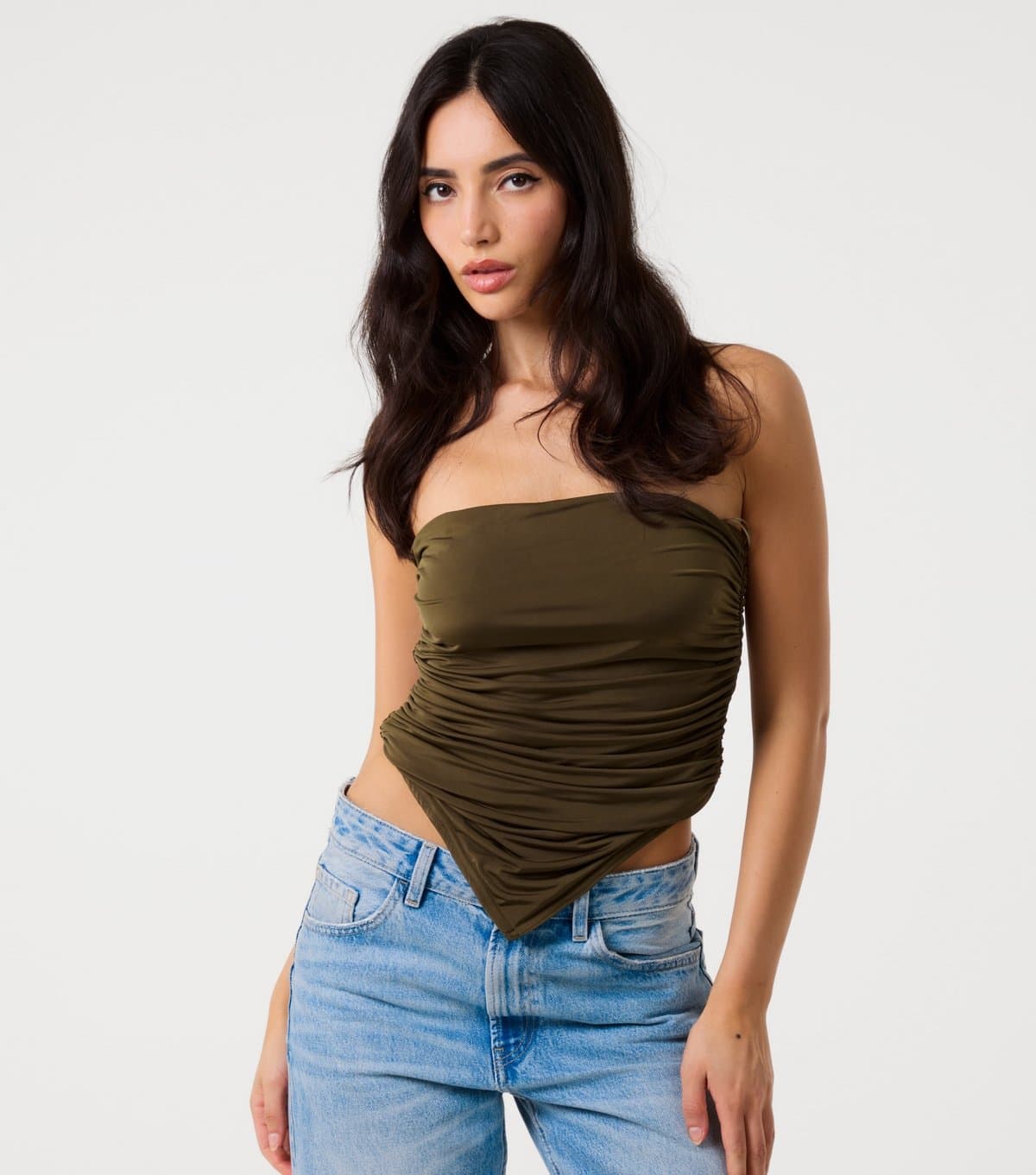 Pink Vanilla Women's Khaki Ruched Bandeau Top Pink Vanilla New Look