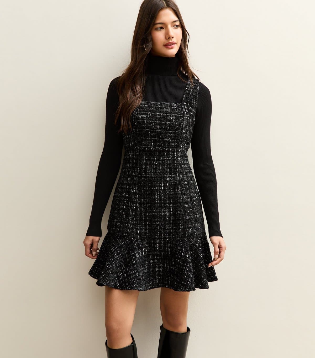 New Look Women's Black Square Neck Boucle Mini Dress New Look