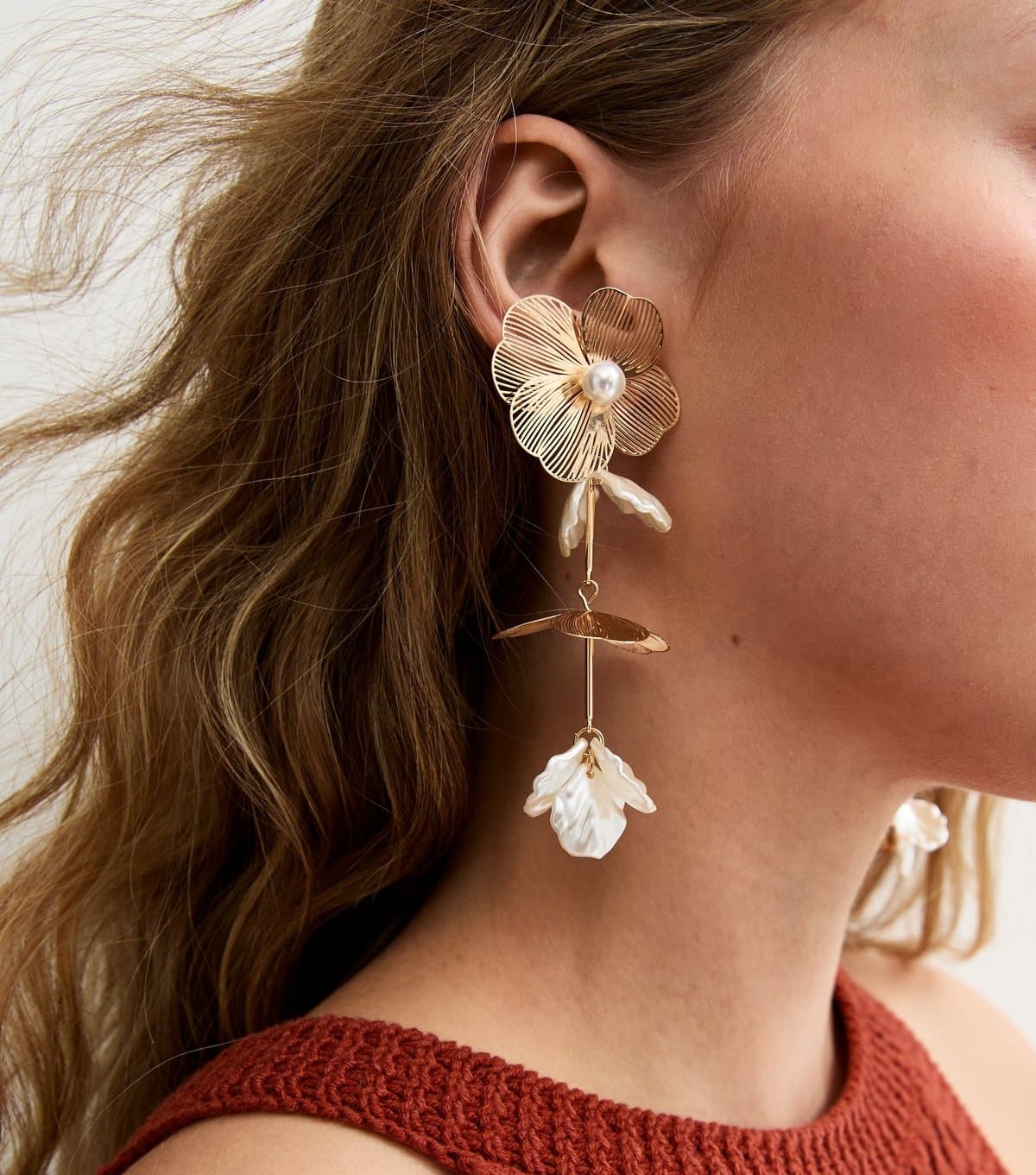 New Look Gold Tone Flower and Faux Pearl Drop Earrings New Look