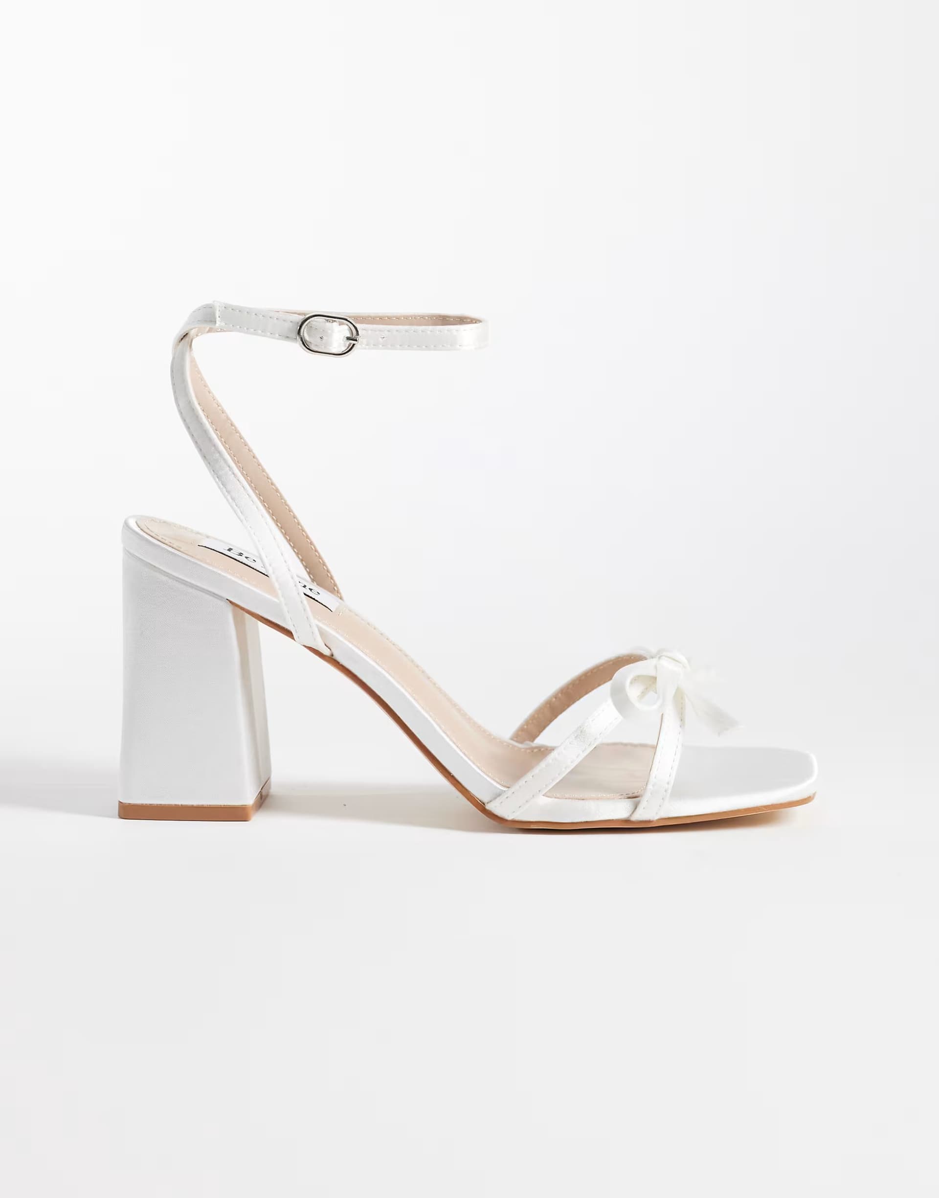 ASOS Be Mine Bridal Tamara block heeled sandals with bow in ivory satin