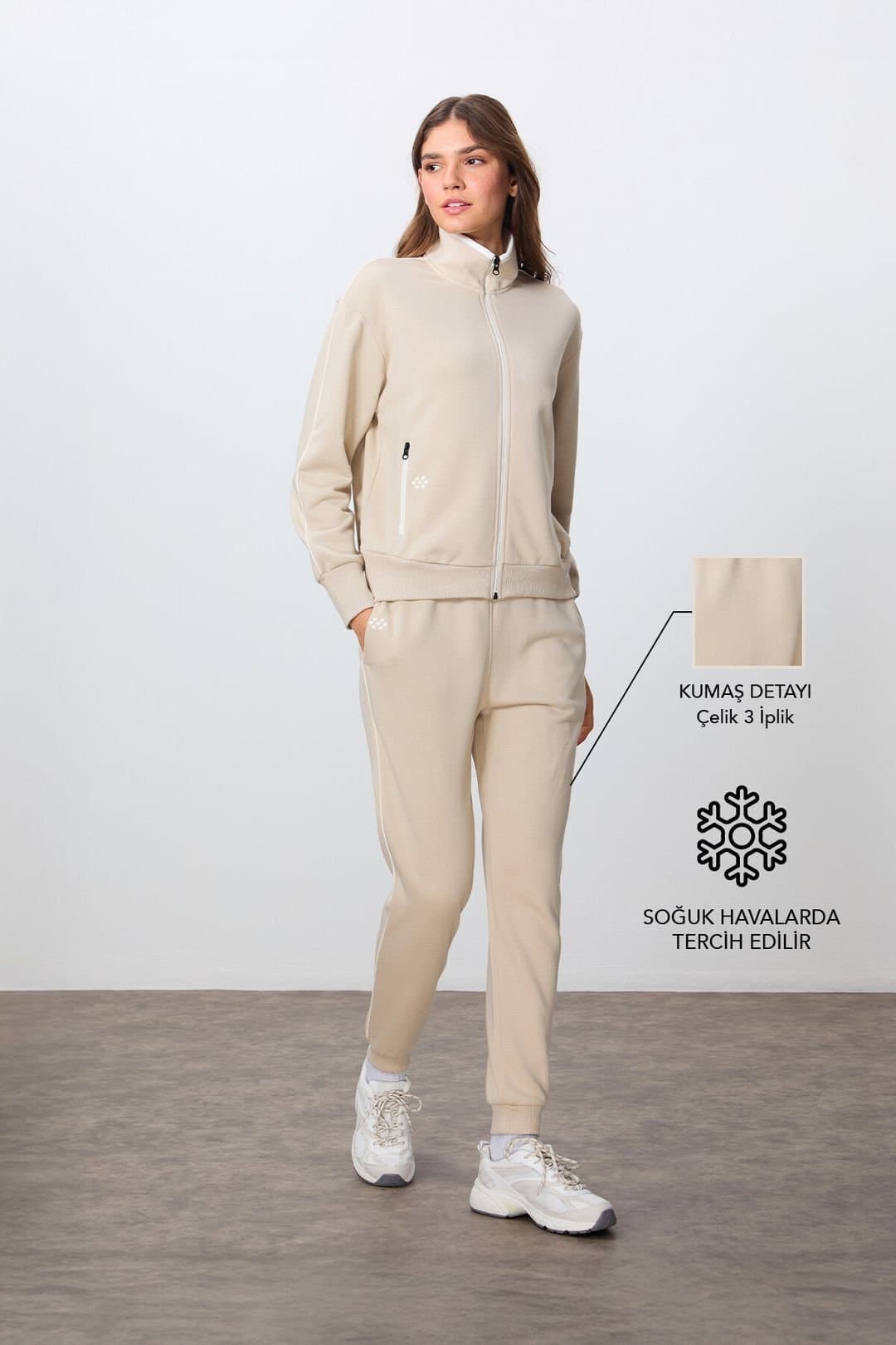 Tommy Life Tommy Life Women's Oversized Zip-collar Sweatshirt & Pants Set in Beige