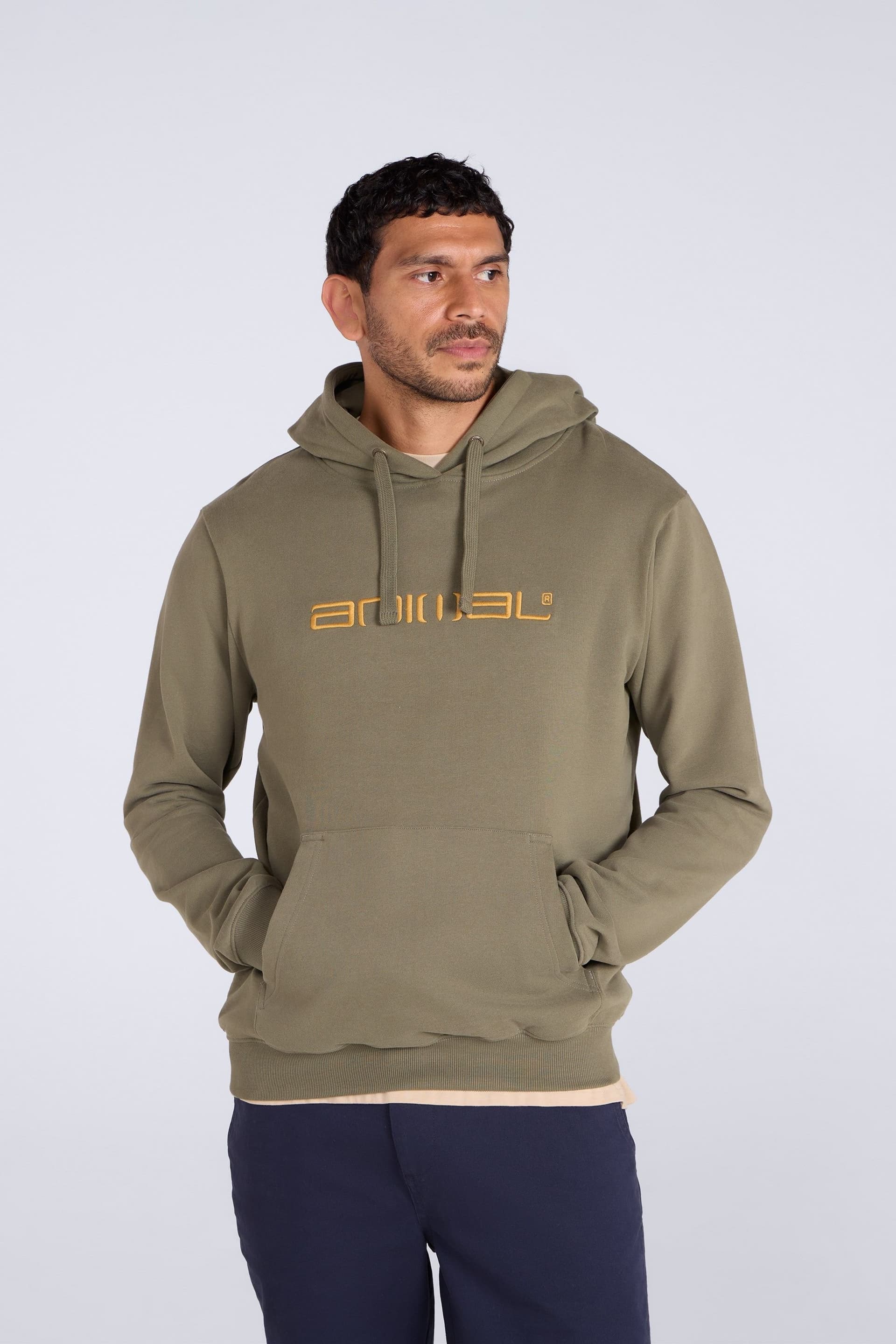 Animal Animal Men's 'Driver' Lightweight Embroidered Logo Cotton Relaxed Hoodie in Olive
