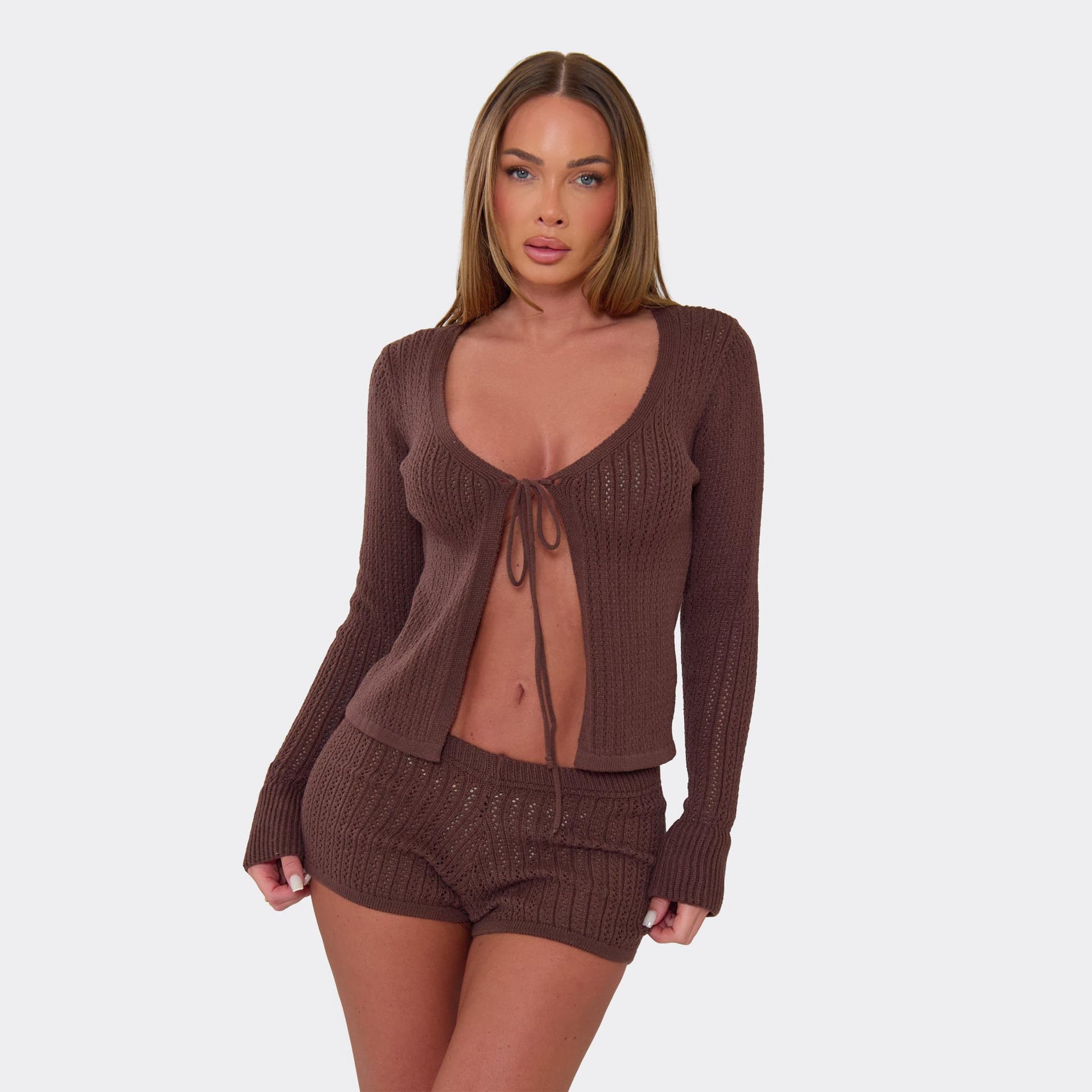 EGO Long Sleeve Tie Front Top In Chocolate Brown Crochet Knit, Women's Size UK L