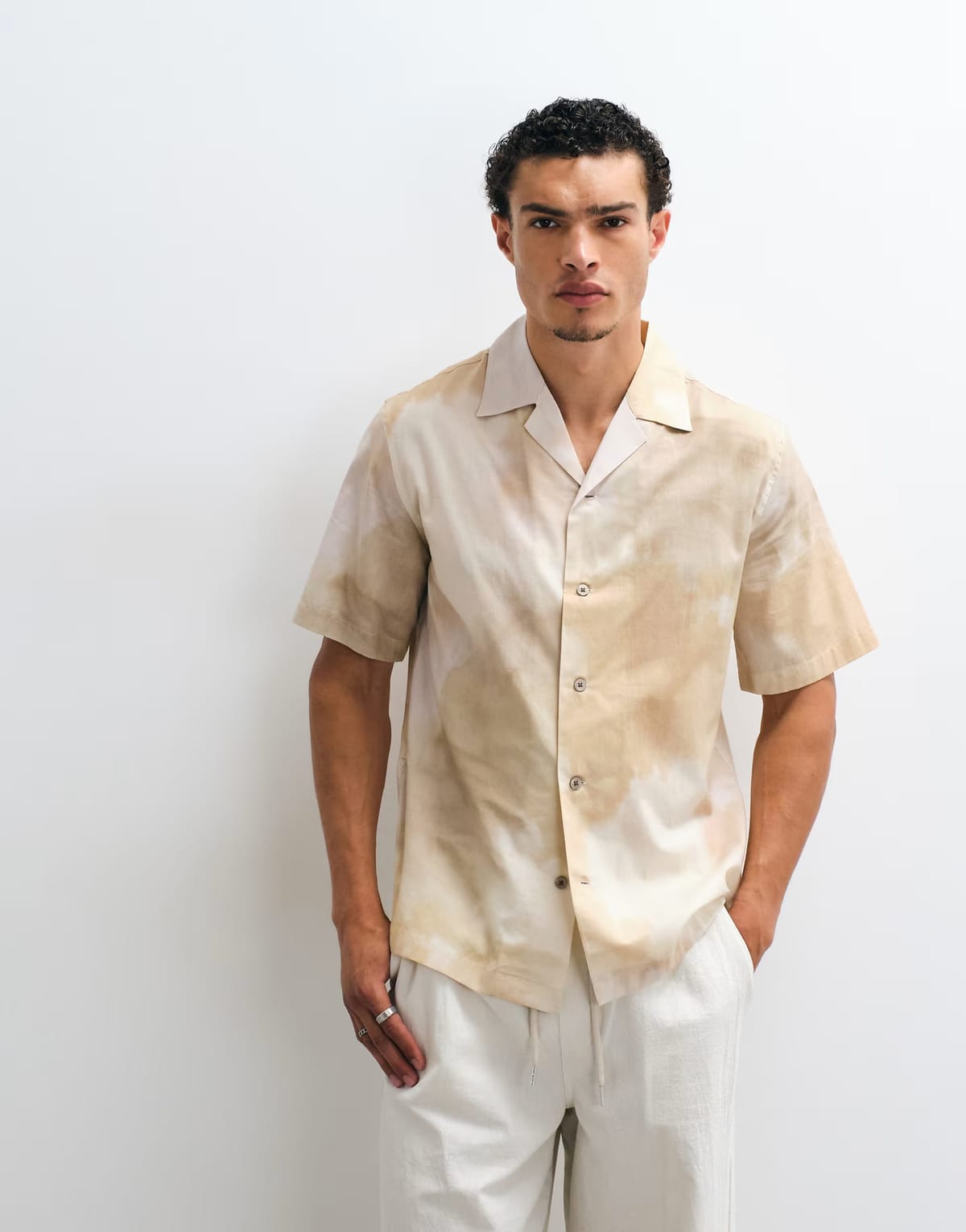 ASOS Mango 100% cotton relaxed fit tie dye print short sleeve shirt in butter yellow - 1
