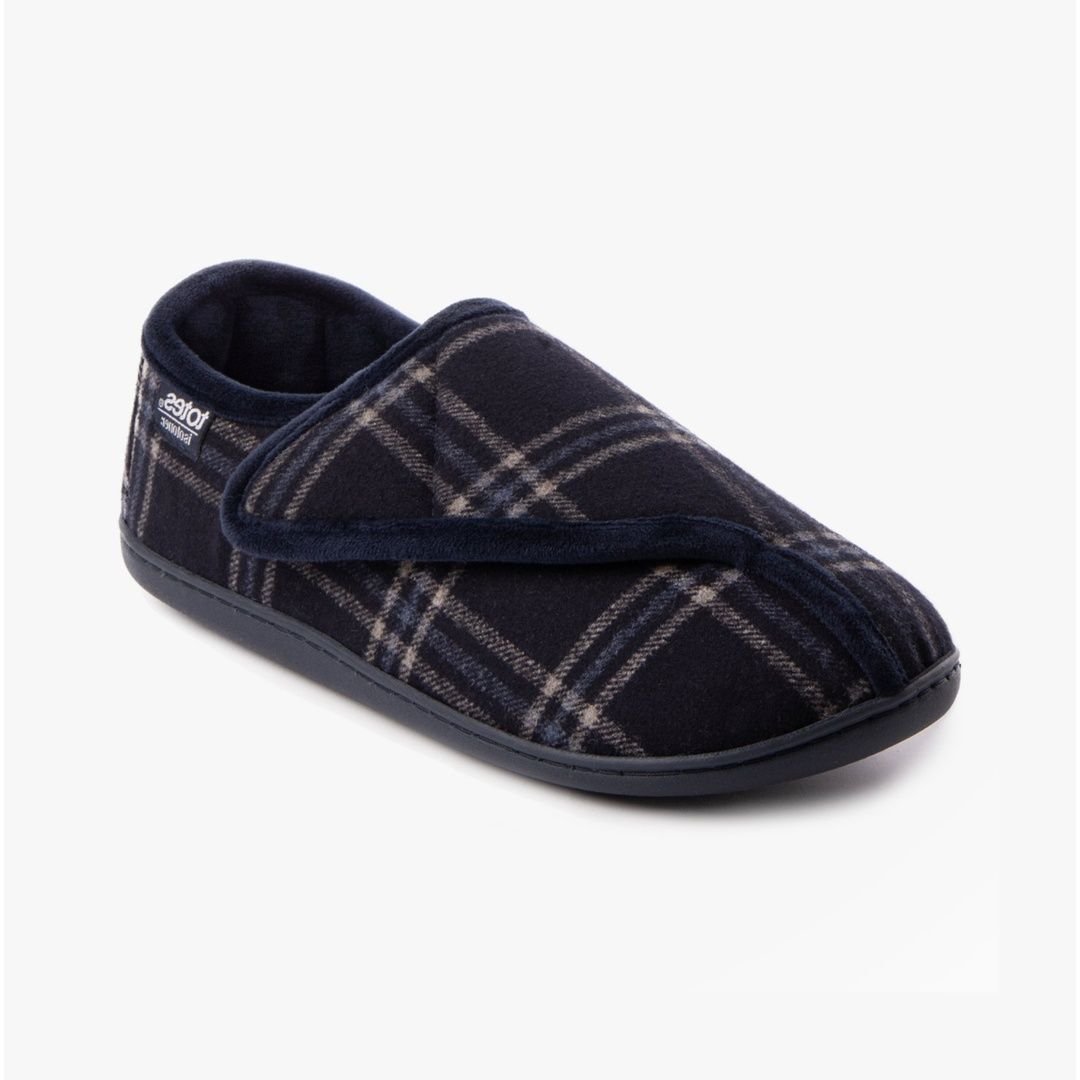 Totes Isotoner Totes Isotoner Men's Isotoner Velour Touch Fasten Slippers in Blue - 3