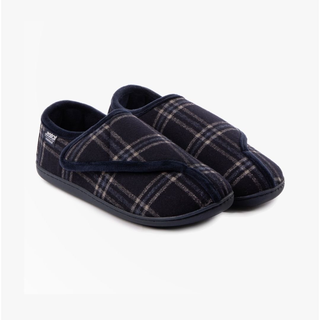 Totes Isotoner Totes Isotoner Men's Isotoner Velour Touch Fasten Slippers in Blue - 4