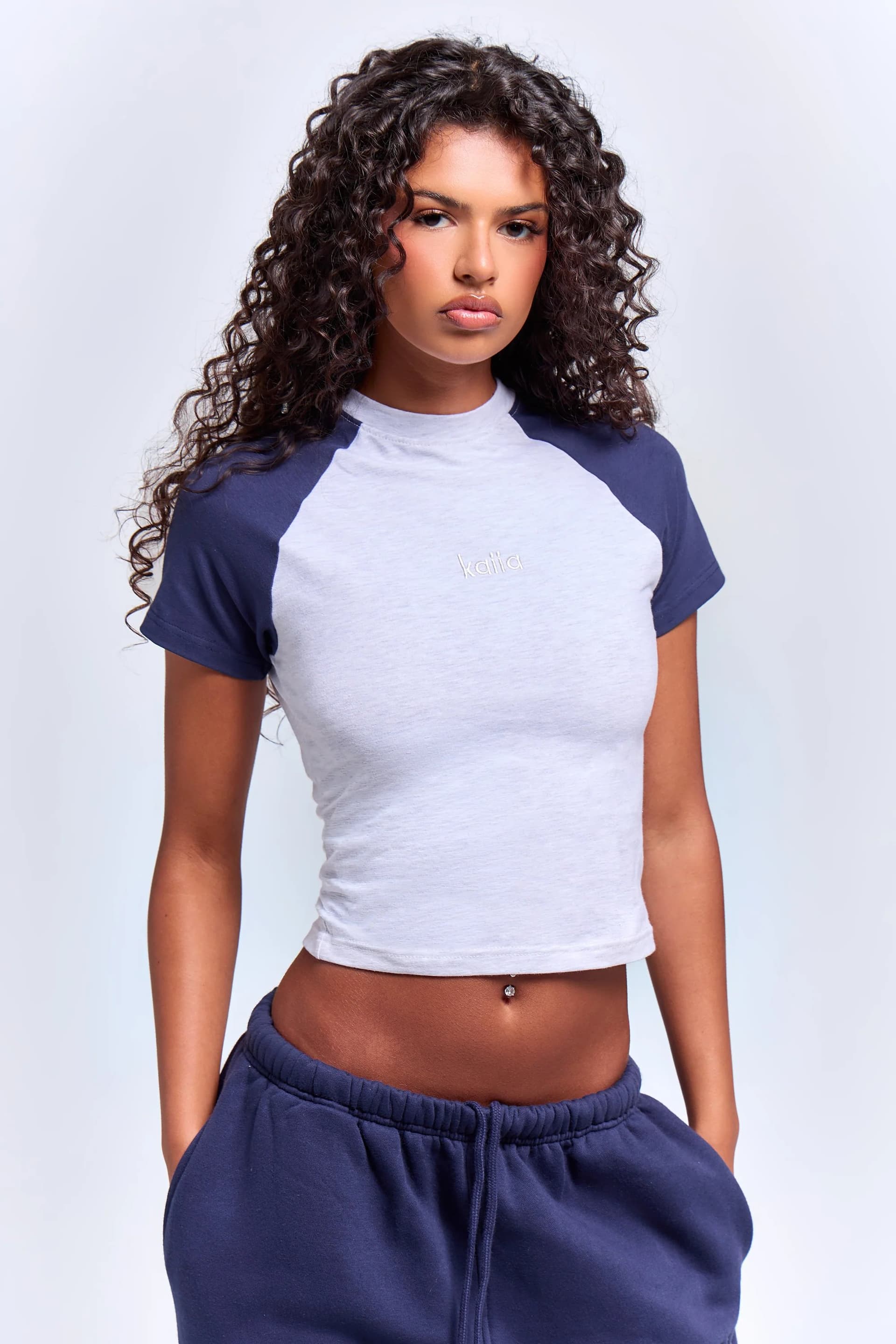 Kaiia Kaiia Raglan Contrast Baby Tee Light Grey Marl & Navy