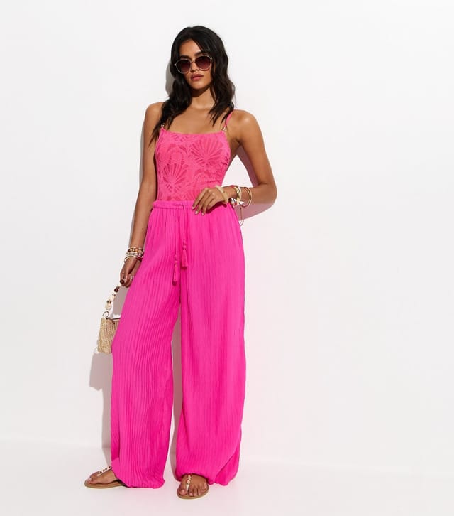 New Look Women's Bright Pink Crochet Beaded Swimsuit New Look - 3