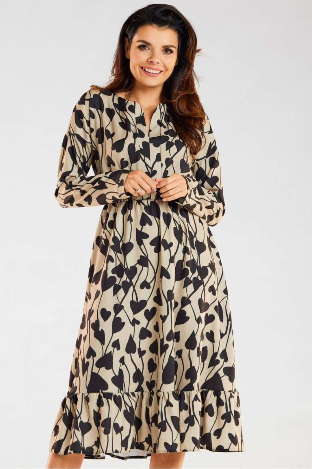 Love Lace Love Lace Women's Midi Long Sleeve Dress Elastic Waist Frill in Beige