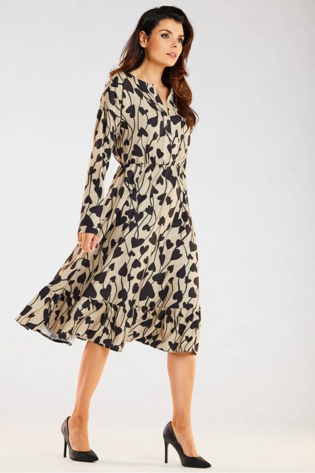Love Lace Love Lace Women's Midi Long Sleeve Dress Elastic Waist Frill in Beige - 3