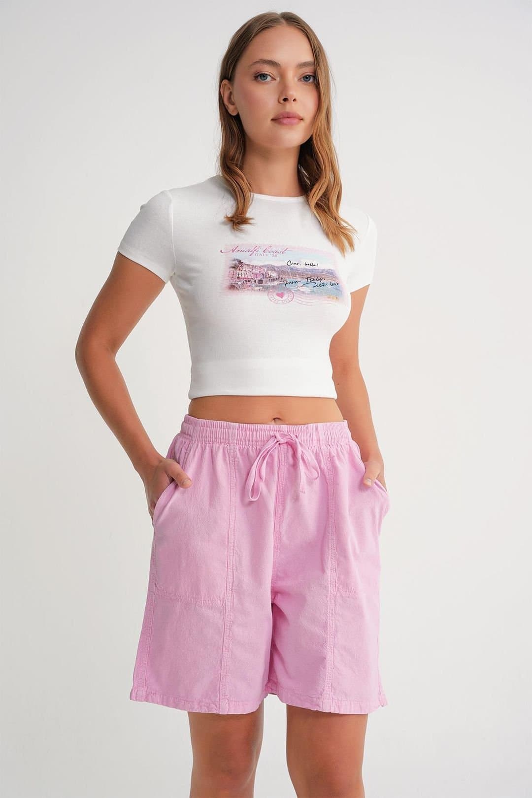 MixRay MixRay Women's High Waist Cotton Drawstring Mini Shorts in Pale Pink