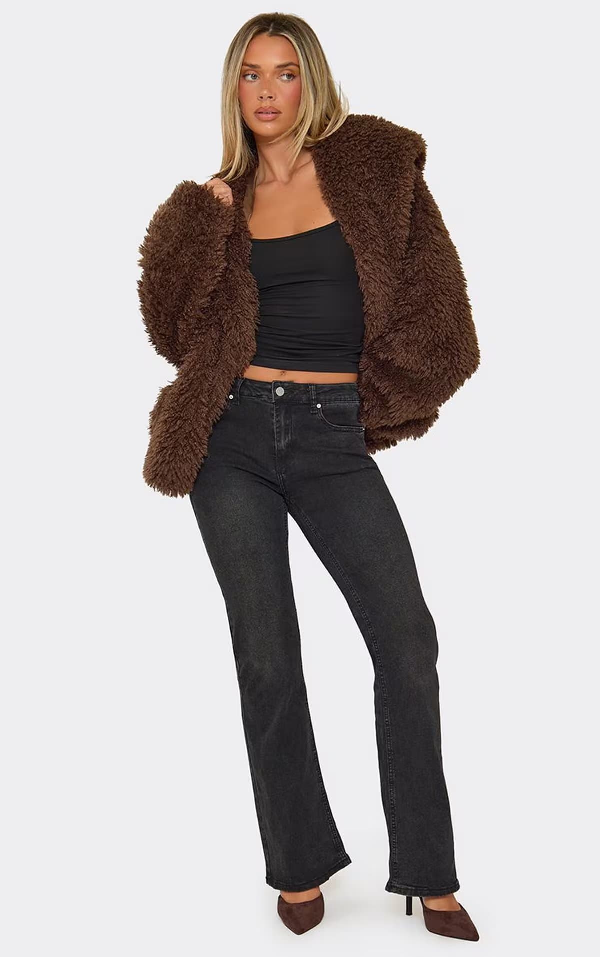 EGO Long Sleeve Oversized Hooded Coat In Chocolate Brown Shaggy Faux Fur, Women's Size UK 6