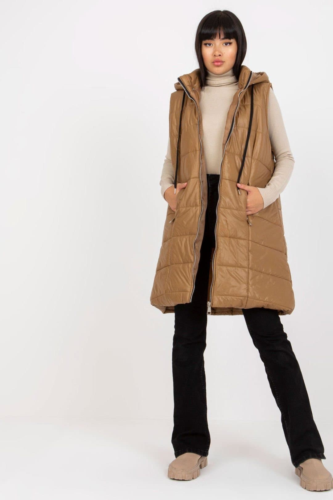 Love Lace Love Lace Women's Quilted Down Vest Extended Zip Hood Pockets in Brown